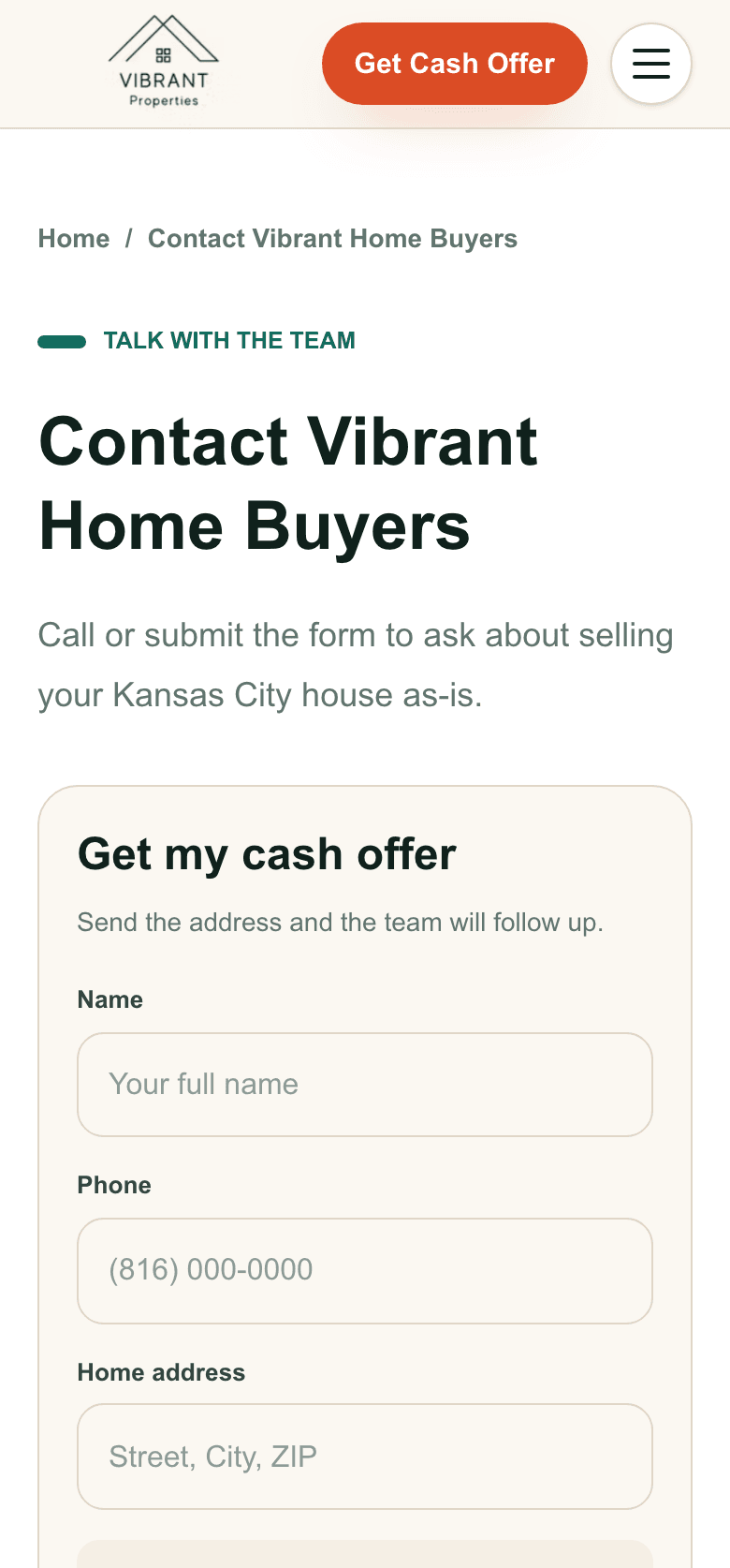 Get a cash offer – mobile view